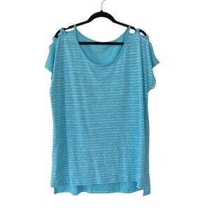 Exertek Turquoise Blue White Striped Short Sleeve Tee XL Cutout Shoulder Stretch